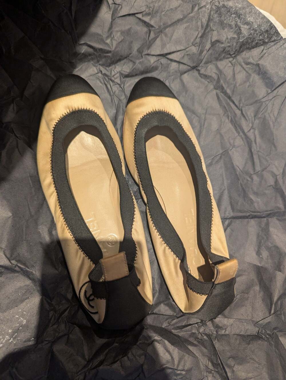Tan and black Chanel ballet flats. - Picture 2 of 5